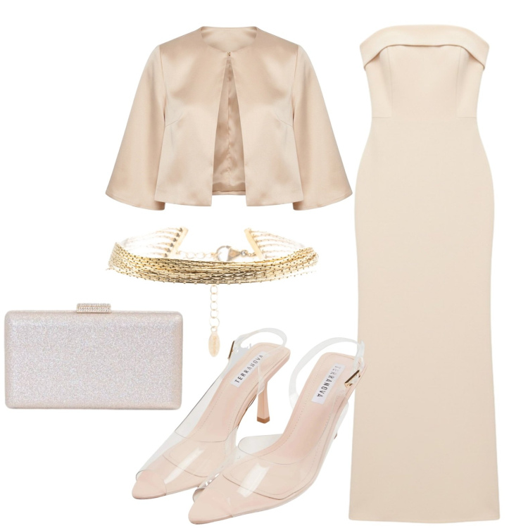 Outfit donna - Cerimonia. Stile Chic per Cerimonia. Abbinamento con sandali col tacco, braccialetti, bolero, vestiti lunghi, clutch.