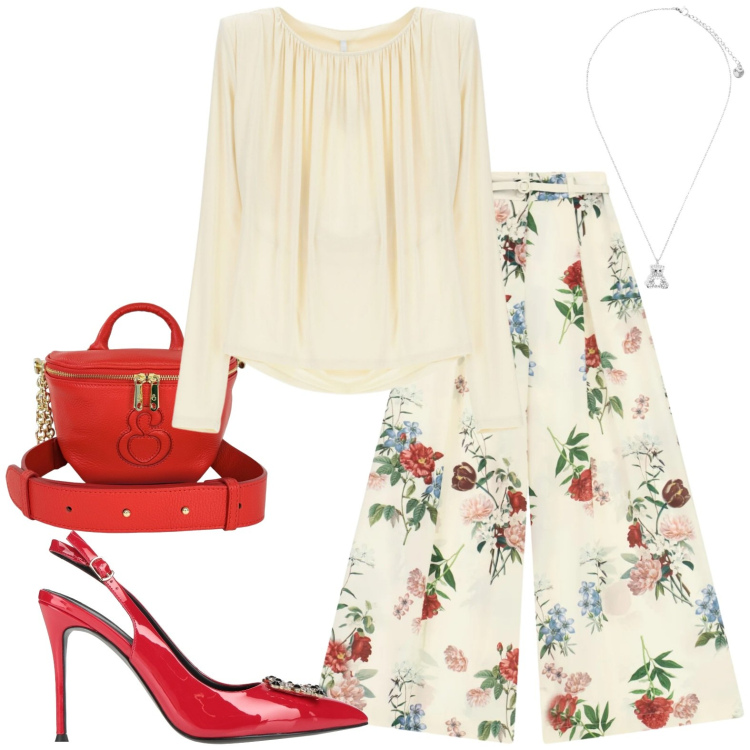 Outfit donna - Sempre elegante. Stile Casual chic per Serata fuori. Abbinamento con décolleté, pantaloni a palazzo, t-shirt, ciondoli, borse a tracolla.