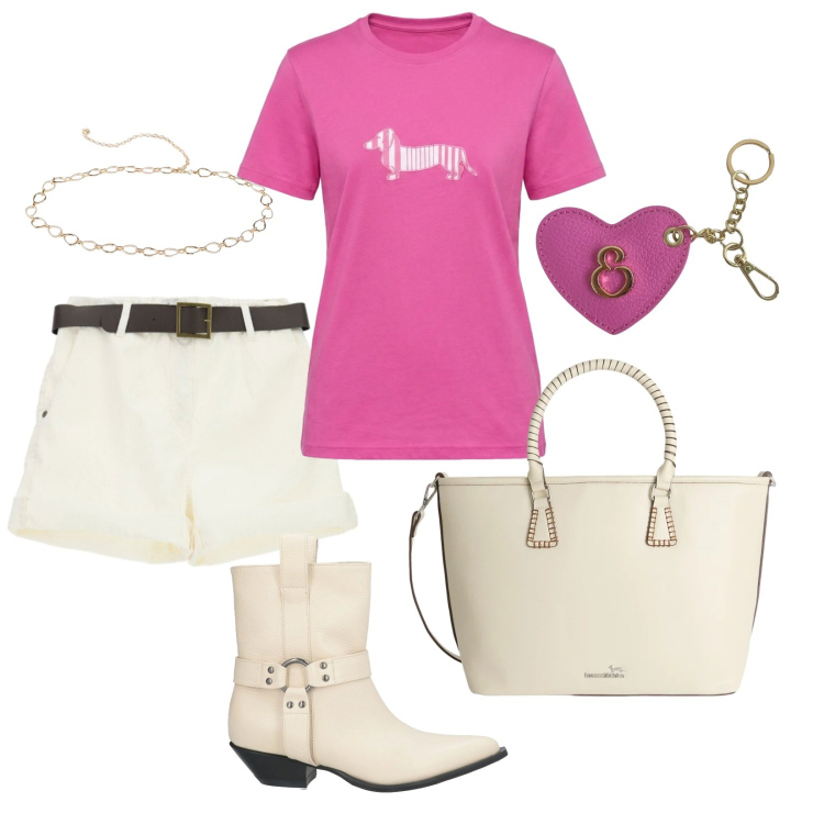 Outfit donna - Fine Estate. Stile Basic per Tutti i giorni. Abbinamento con stivaletti texani, cinture, t-shirt, shopping bag, shorts, portachiavi.