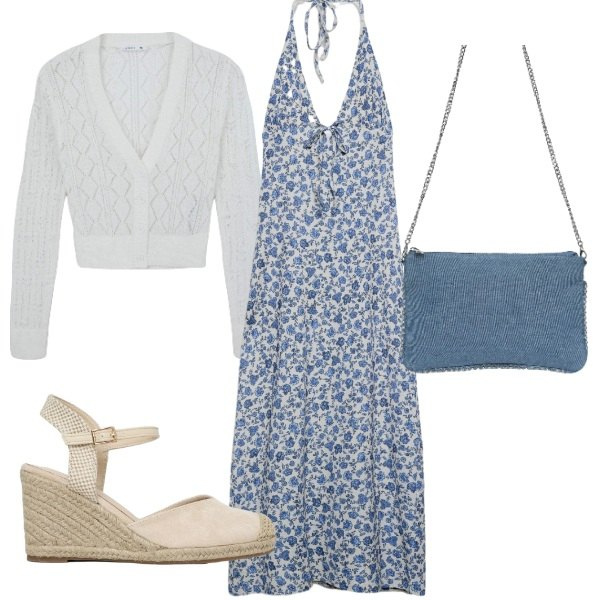 Outfit donna - abitino a fiori. Stile Romantica per Serata fuori. Abbinamento con vestiti midi/longuette, cardigans, borse a tracolla, zeppe.