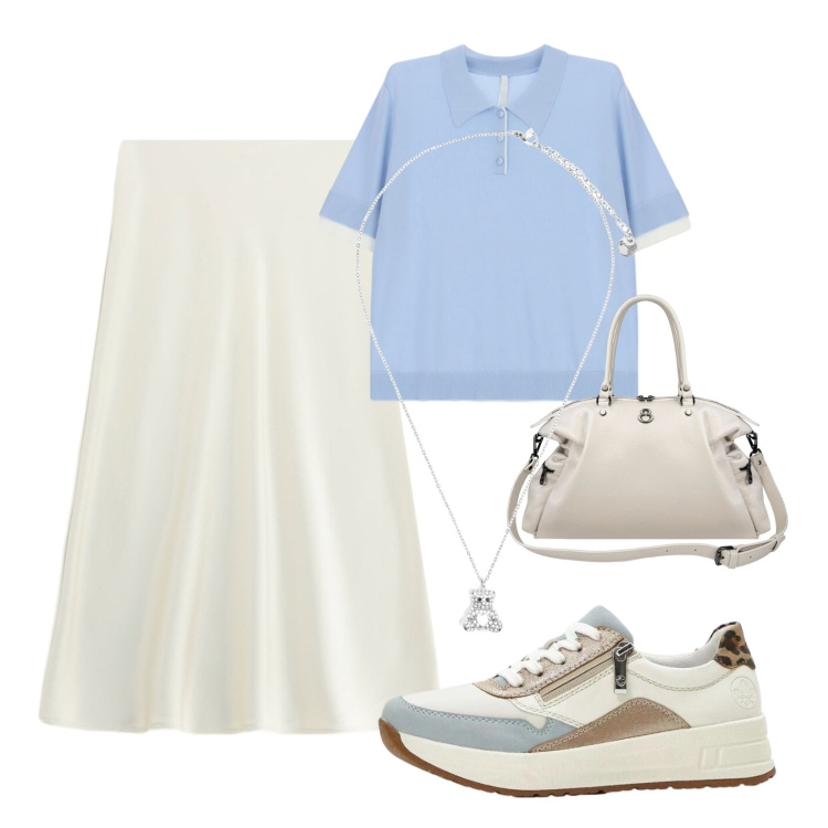 Outfit donna - In vacanza sporty chic. Stile Sporty chic per Mare. Abbinamento con sneakers, gonne longuette, polo, ciondoli, shopping bag.