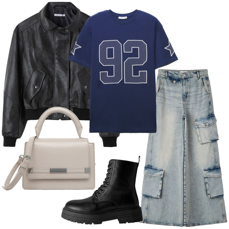 Outfit donna - Terranova - Infinite Summer. Stile Glamour per Tutti i giorni. Abbinamento con anfibi, t-shirt, borse a tracolla, giacche, jeans.