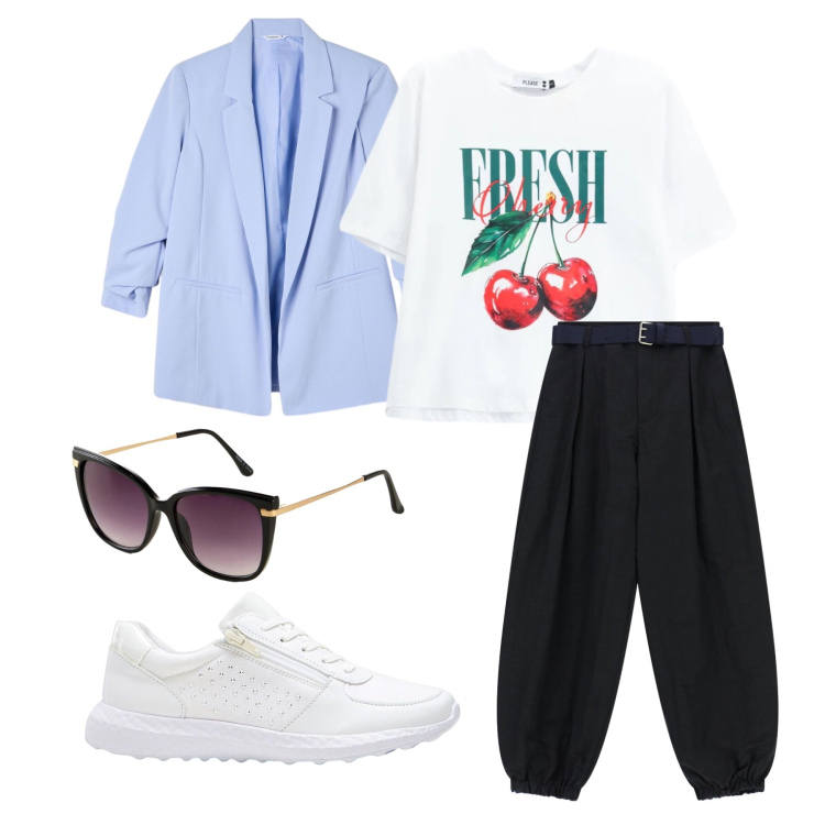 Outfit donna - Shopping in città. Stile Basic per Tutti i giorni. Abbinamento con sneakers, occhiali da sole, pantaloni, blazer, t-shirt.