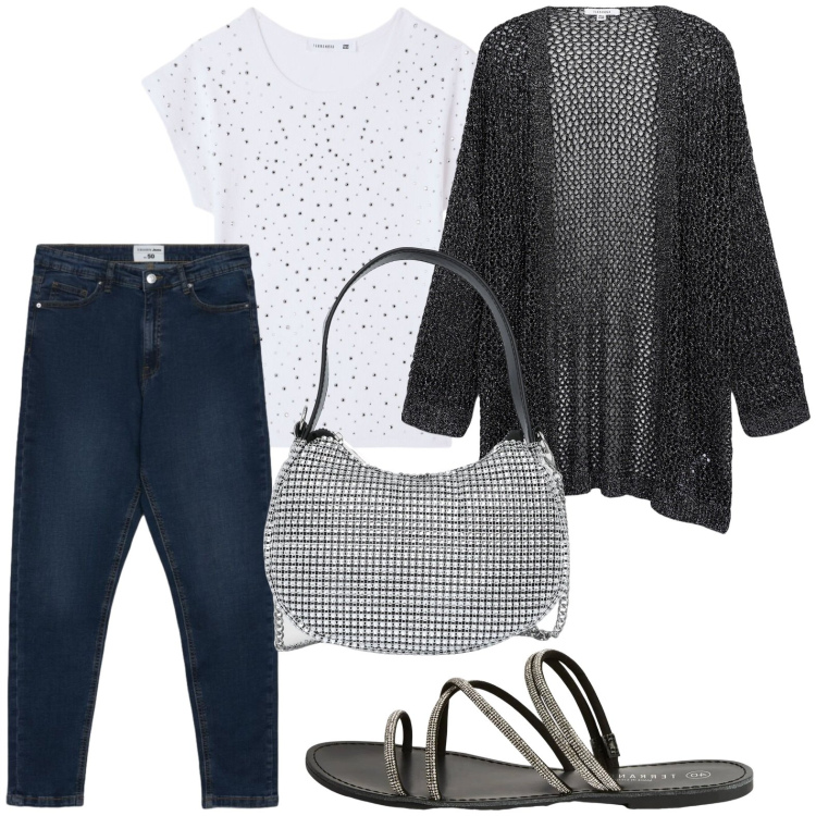 Outfit donna - Terranova - Infinite Summer. Stile Trendy per Tutti i giorni. Abbinamento con kimono, jeans skinny, borse a spalla, sandali, t-shirt.