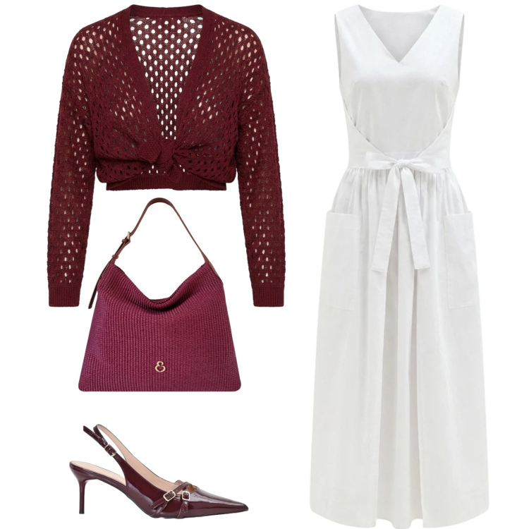 Outfit donna - Bianco e bordeaux. Stile Casual chic per Serata fuori. Abbinamento con vestiti lunghi, décolleté, borse a spalla, cardigans.