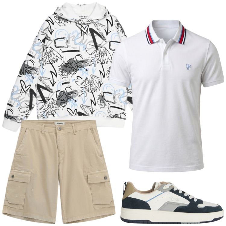 Outfit uomo - Total look #2456819. Stile Urban per Tutti i giorni. Abbinamento con felpe con cappuccio, polo, sneakers, bermuda.