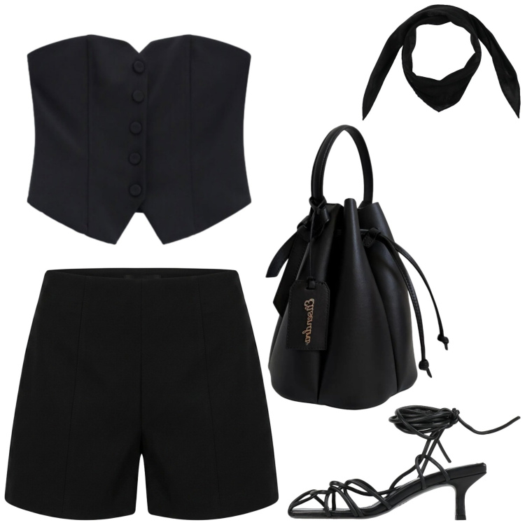 Outfit donna - Total look #2456822. Stile Rock per Serata fuori. Abbinamento con sandali col tacco, sciarpe, top, borse a secchiello, shorts.