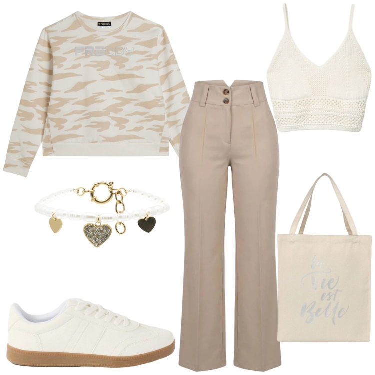 Outfit donna - Sportiva. Stile Casual per Tutti i giorni. Abbinamento con sneakers, borse tote, top, pantaloni, felpe, braccialetti.