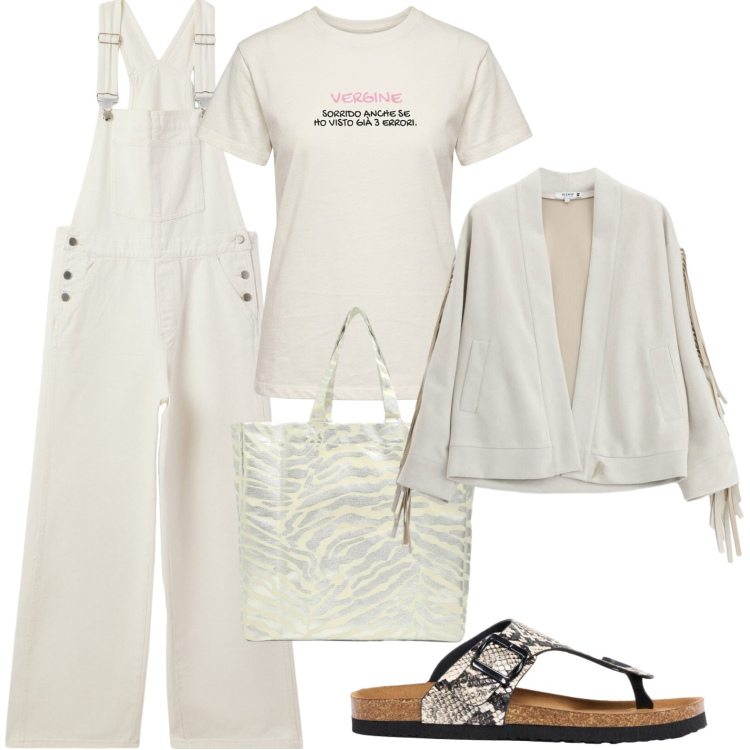 Outfit donna - Tempo libero. Stile Casual per Tutti i giorni. Abbinamento con infradito, salopette, shopping bag, blazer, t-shirt.