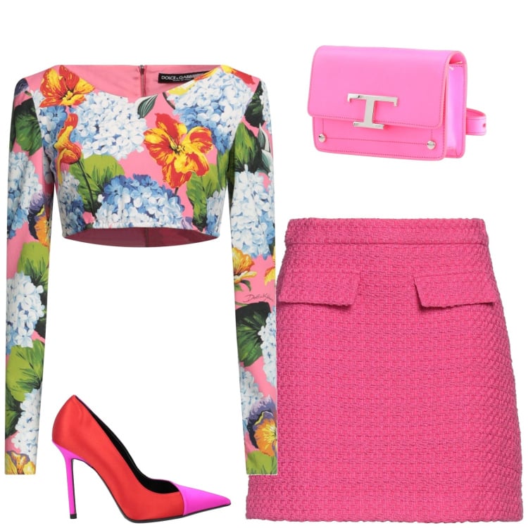 Outfit donna - Coloratissima. Stile Chic per Serata fuori. Abbinamento con décolleté, marsupi, top, minigonne.
