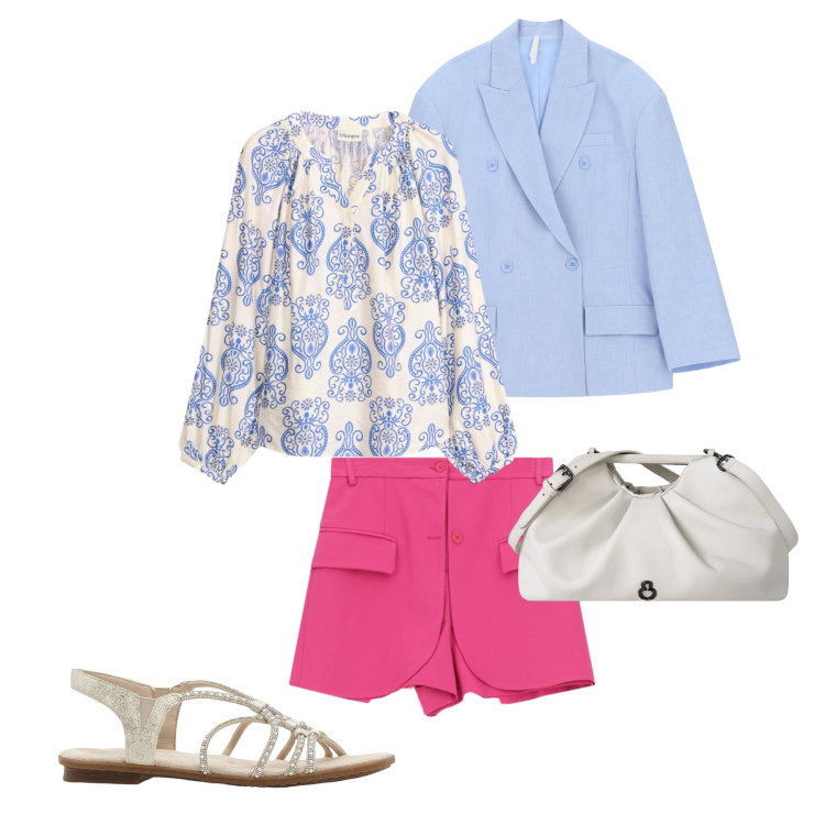 Outfit donna - Serata. Stile Chic Abbinamento con bluse, sandali, shorts, blazer, clutch.