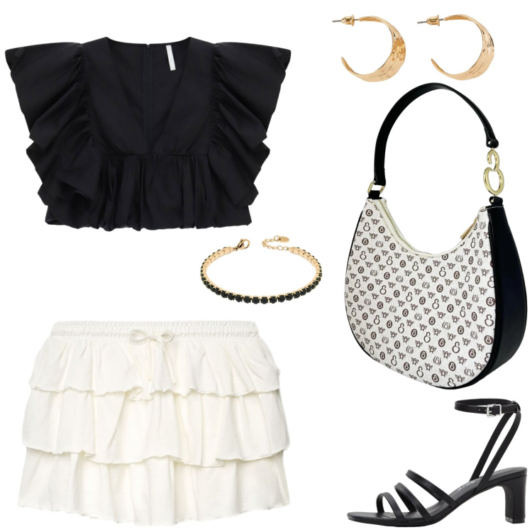 Outfit donna - Total look #2456831. Stile Casual chic per Serata fuori. Abbinamento con orecchini, sandali col tacco, top, minigonne, braccialetti, borse a spalla.