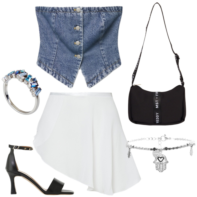 Outfit donna - Total look #2456833. Stile Sexy per Serata fuori. Abbinamento con anelli, sandali col tacco, top, braccialetti, minigonne, borse a tracolla.