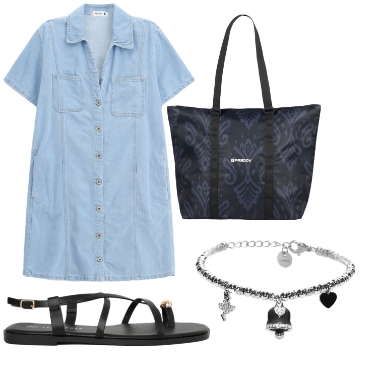 Outfit donna - Total look #2456834. Stile Minimal per Tutti i giorni. Abbinamento con sandali, vestiti corti, braccialetti, shopping bag.