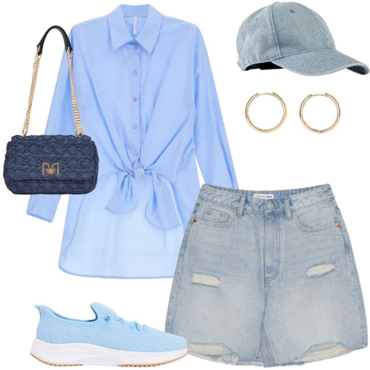 Outfit donna - Passeggiata in montagna. Stile Casual per Tutti i giorni. Abbinamento con cappelli con visiera, orecchini, sneakers, camicie, bermuda, borse a spalla.