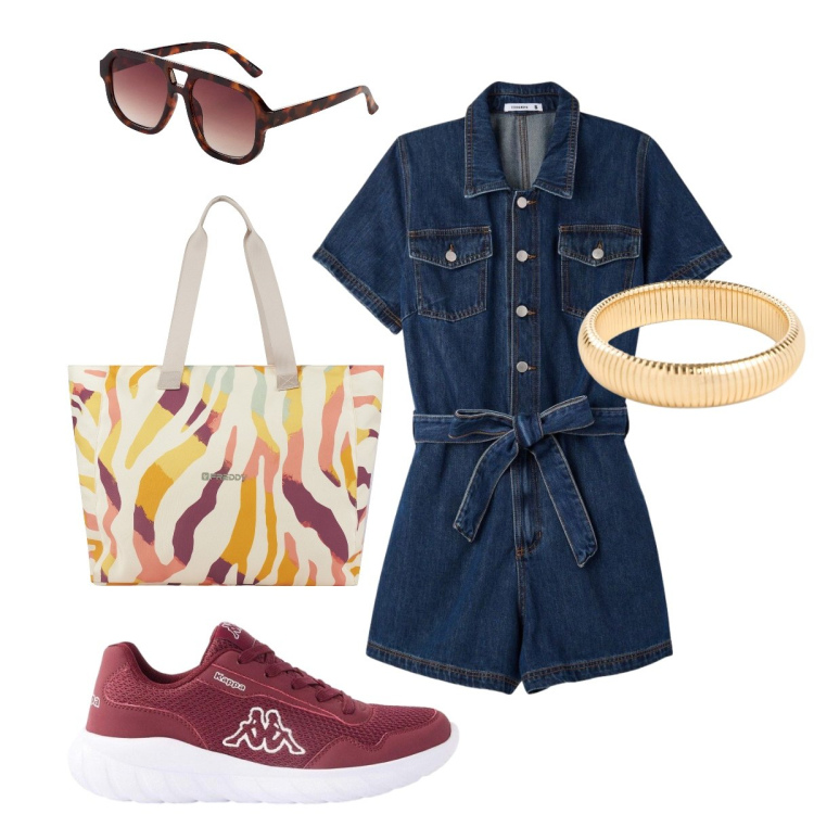 Outfit donna - La Jumpsuit in denim. Stile Casual chic per Tutti i giorni. Abbinamento con braccialetti, occhiali da sole, sneakers, tuta corta, shopping bag.