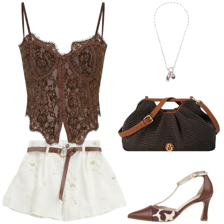 Outfit donna - Total look #2456840. Stile Trendy per Serata fuori. Abbinamento con décolleté, top, shorts, ciondoli, clutch.