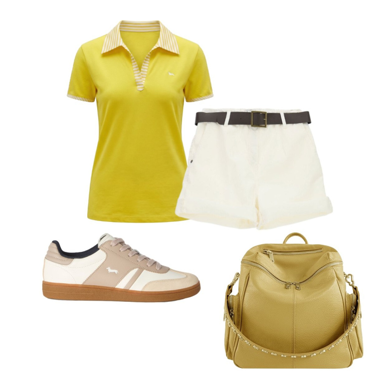 Outfit donna - Luminoso e solare. Stile Casual chic per Tutti i giorni. Abbinamento con sneakers, polo, shorts, zaini.