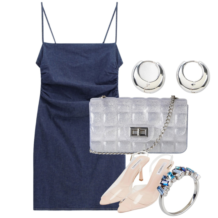 Outfit donna - Serata blu. Stile Chic per Serata fuori. Abbinamento con anelli, orecchini, sandali col tacco, borse a tracolla, vestiti corti.