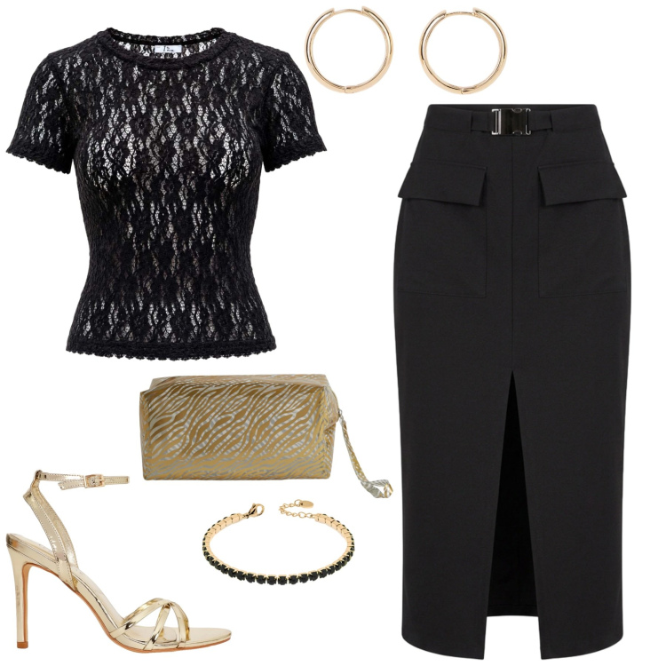 Outfit donna - Nero e oro. Stile Chic per Cerimonia. Abbinamento con orecchini, gonne longuette, valigie, sandali col tacco, top, braccialetti.