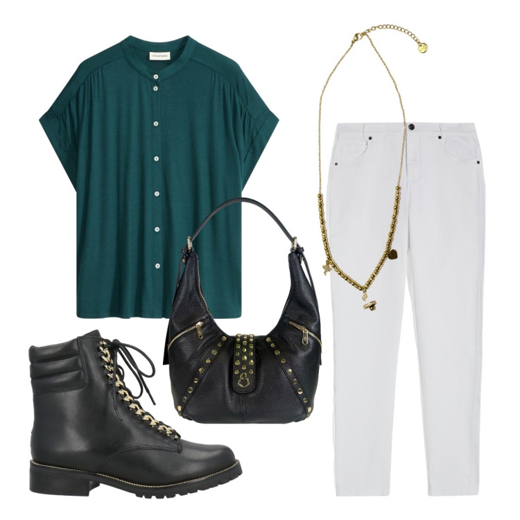 Outfit donna - Laureata. Stile Basic per Cerimonia. Abbinamento con stivaletti, camicie a manica corta, pantaloni skinny, ciondoli, borse a spalla.