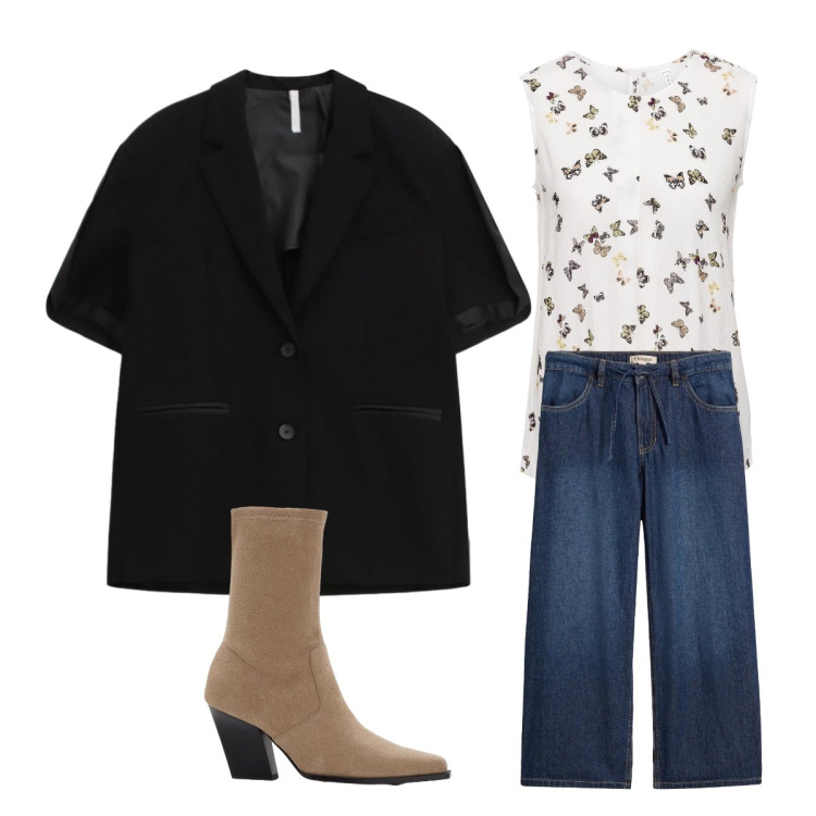 Outfit donna - Casual classico per l’ufficio. Stile Casual per Ufficio. Abbinamento con canottiere, stivaletti, jeans, blazer.