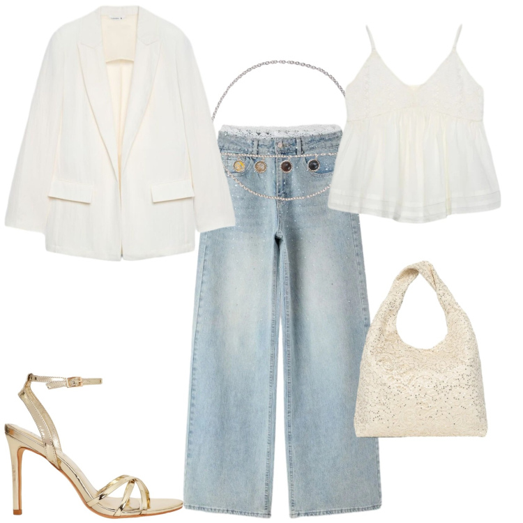 Outfit donna - Casual chic serata con gli amici. Stile Casual chic per Serata fuori. Abbinamento con canottiere, borse a spalla, cinture, sandali col tacco, blazer, jeans.