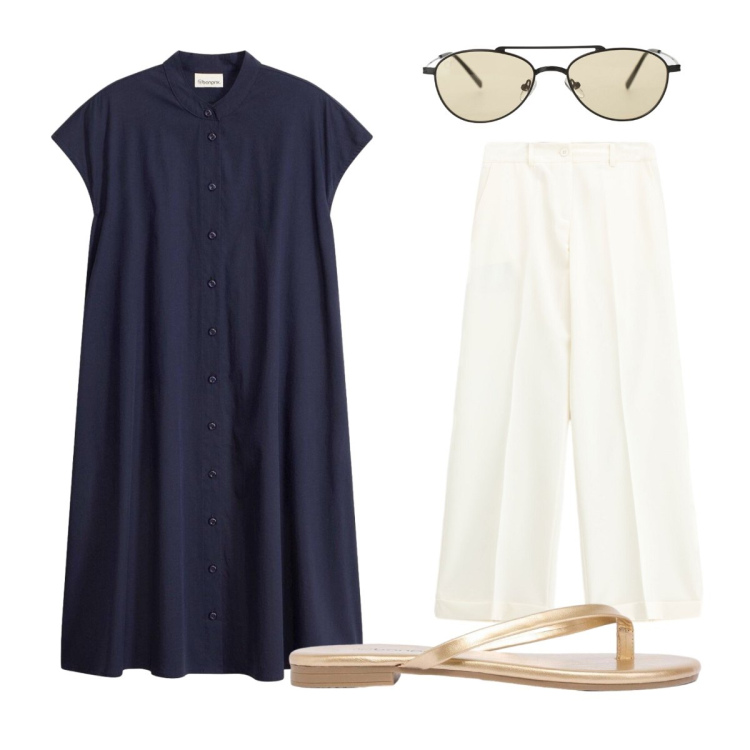 Outfit donna - Agosto. Stile Glamour per Tutti i giorni. Abbinamento con vestiti chemisier, sandali, occhiali da sole, pantaloni.