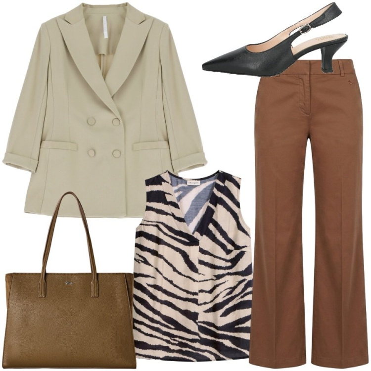 Outfit donna - Rientro in ufficio. Stile Casual chic per Ufficio. Abbinamento con décolleté, top, pantaloni, shopping bag, blazer.