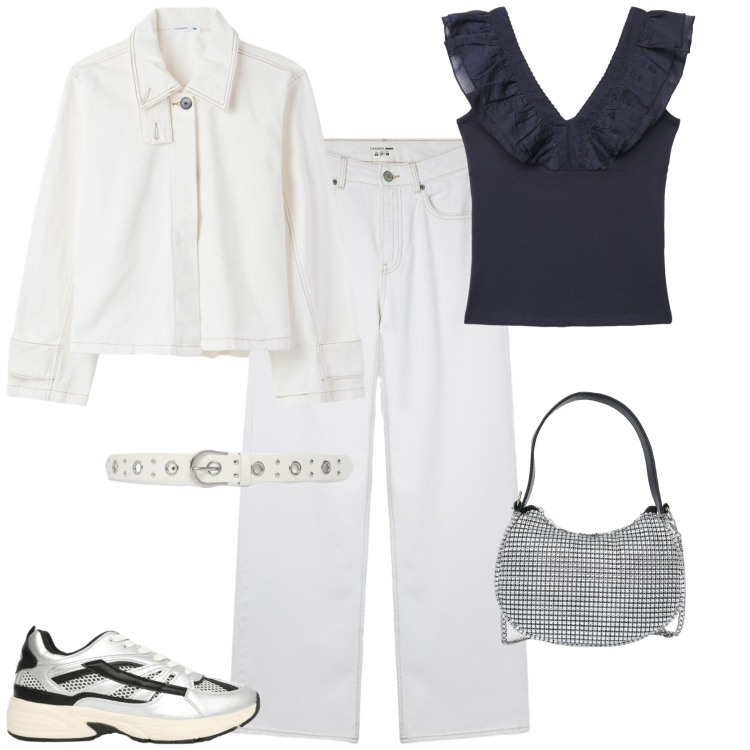 Outfit donna - Casual chic serata con gli amici. Stile Casual chic per Serata fuori. Abbinamento con borse a spalla, top, jeans, sneakers, cappotti, cinture.