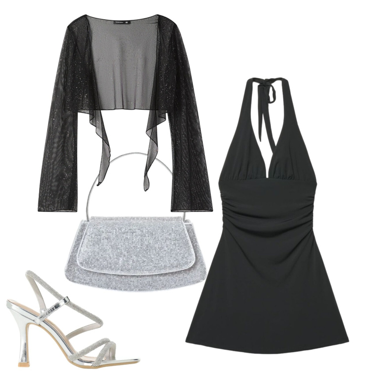 Outfit donna - Argento e nero. Stile Glamour per Serata fuori. Abbinamento con sandali col tacco, blazer, vestiti corti, borse a spalla.