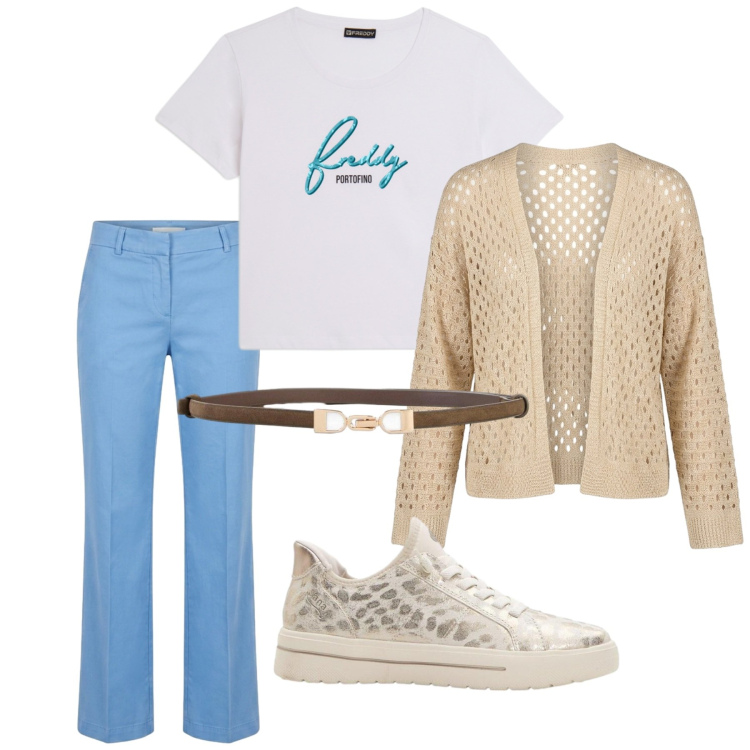 Outfit donna - Total look #2456873. Stile Casual per Tutti i giorni. Abbinamento con sneakers, cinture, pantaloni, t-shirt, cardigans.