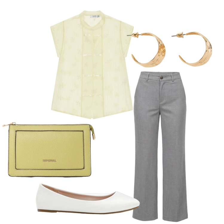 Outfit donna - Total look #2456877. Stile Romantica per Ufficio. Abbinamento con ballerine, orecchini, borse a tracolla, pantaloni, camicie a manica corta.