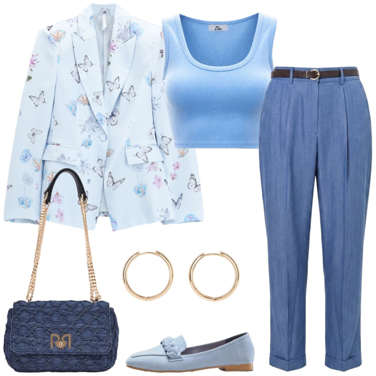Outfit donna - Rientro al lavoro. Stile Casual chic per Ufficio. Abbinamento con mocassini, orecchini, blazer, canottiere, pantaloni, borse a spalla.