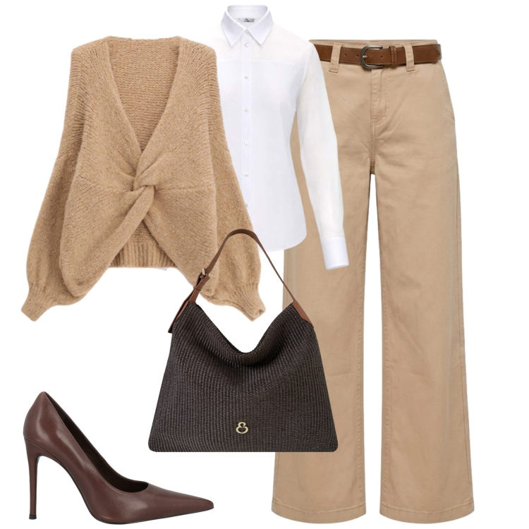 Outfit donna - City. Stile Casual chic per Tutti i giorni. Abbinamento con décolleté, camicie, cardigans, borse a spalla, pantaloni.