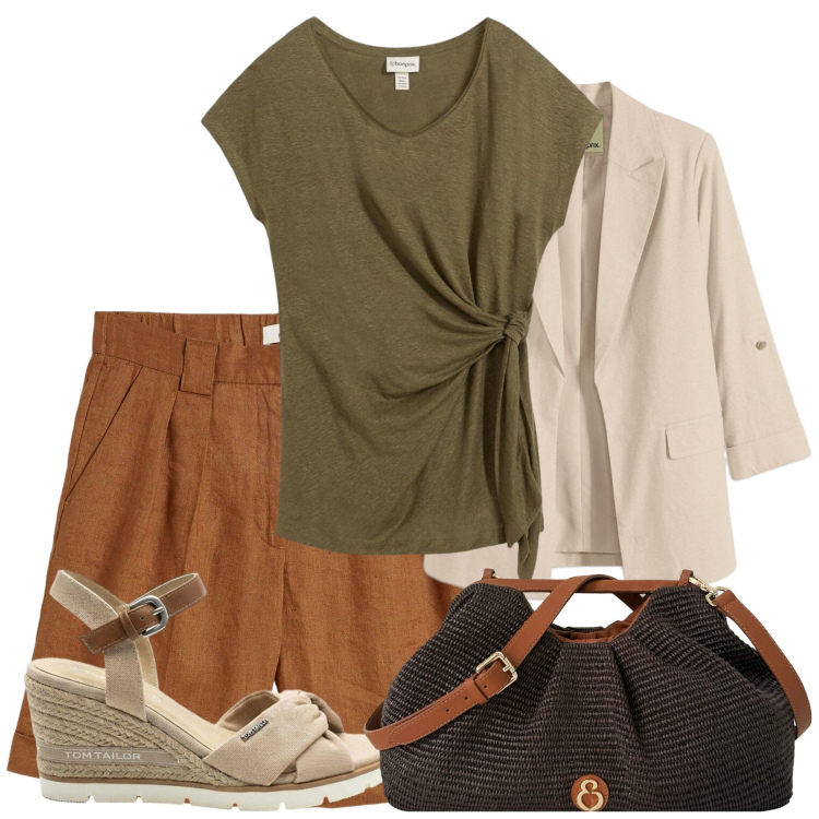 Outfit donna - Passeggiando. Stile Casual per Tutti i giorni. Abbinamento con t-shirt, bermuda, blazer, sandali col tacco, clutch.