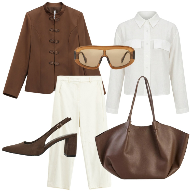 Outfit donna - Formale brown. Stile Basic per Ufficio. Abbinamento con shopping bag, blazer, pantaloni, occhiali da sole, décolleté, camicie.