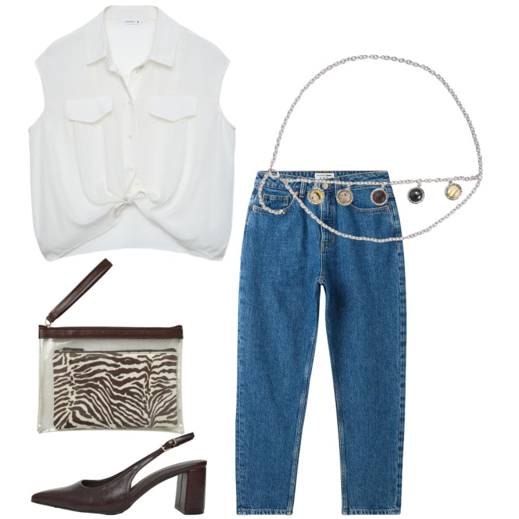 Outfit donna - In denim. Stile Casual chic per Serata fuori. Abbinamento con camicie a manica corta, jeans mom, cinture, pochette, décolleté.