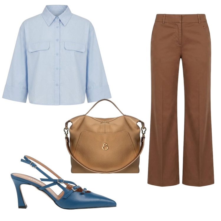 Outfit donna - In ufficio rilassata. Stile Casual chic per Ufficio. Abbinamento con décolleté, pantaloni, borse a mano, camicie a manica corta.