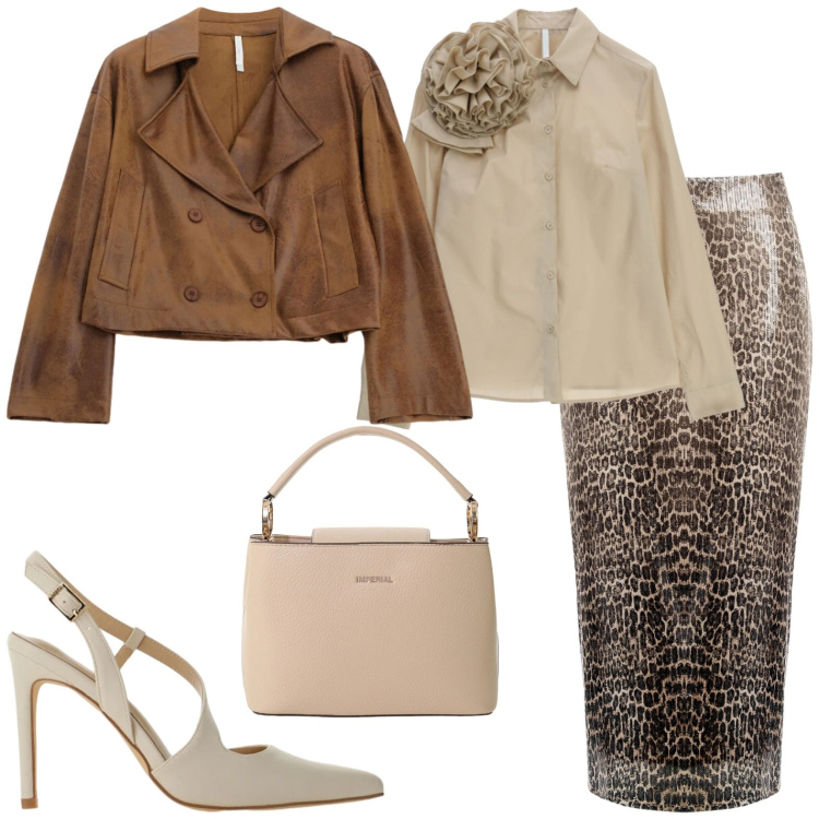 Outfit donna - Elegante. Stile Chic per Serata fuori. Abbinamento con camicie, giacche, décolleté, borse a secchiello, gonne longuette.