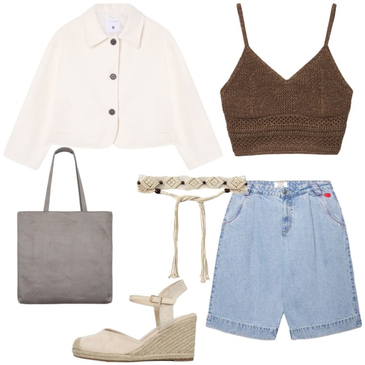 Outfit donna - Bermuda denim. Stile Trendy per Serata fuori. Abbinamento con blazer, bermuda, cinture, top, zeppe, shopping bag.