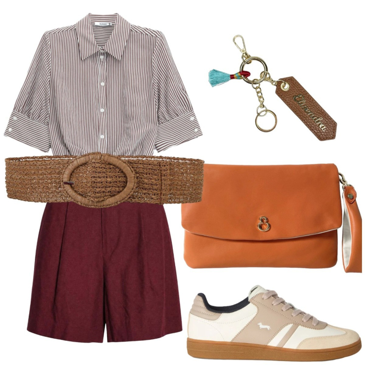 Outfit donna - Stile vacanziera. Stile Casual chic per Mare. Abbinamento con cinture, sneakers, shorts, camicie a manica corta, pochette, portachiavi.