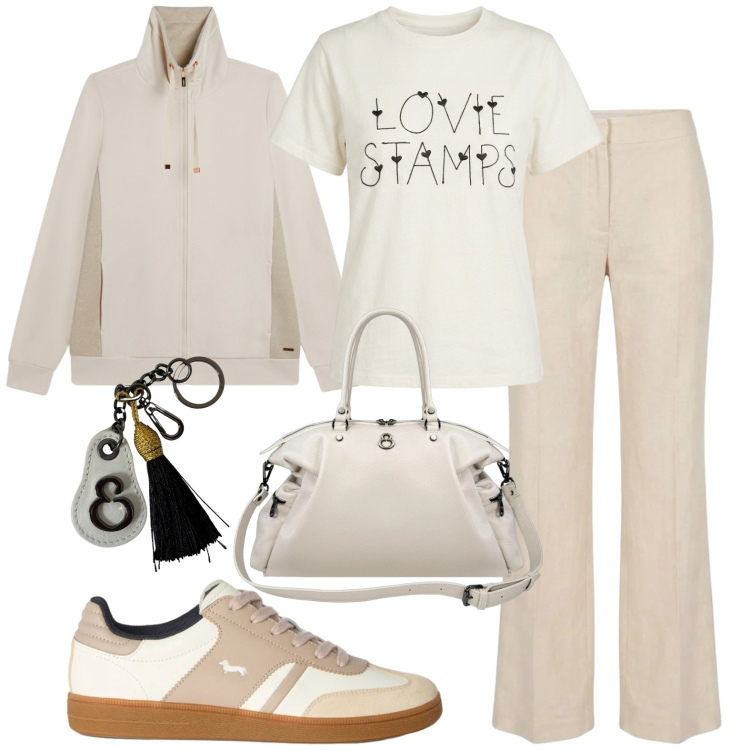 Outfit donna - Sporty. Stile Casual per Tutti i giorni. Abbinamento con sneakers, felpe, shopping bag, portachiavi, t-shirt, pantaloni.