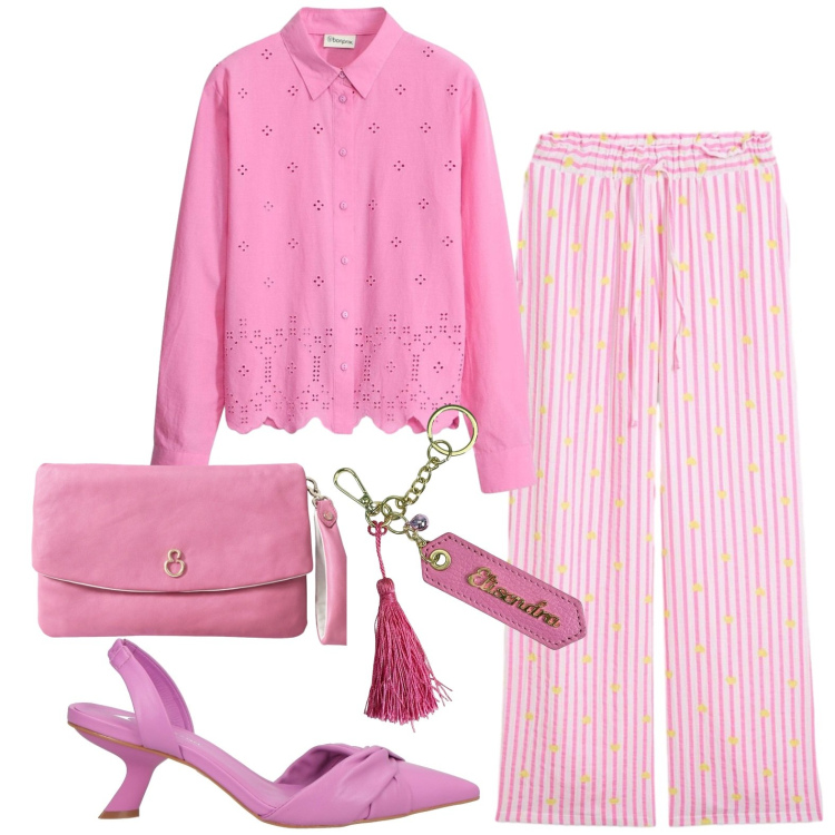 Outfit donna - Sporty chic. Stile Casual per Tutti i giorni. Abbinamento con décolleté, camicie, pantaloni, pochette, portachiavi.