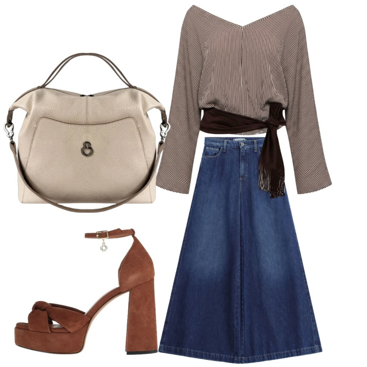 Outfit donna - Seratissima estiva. Stile Etnico per Serata fuori. Abbinamento con sandali in pelle, top, jeans, borse a mano.