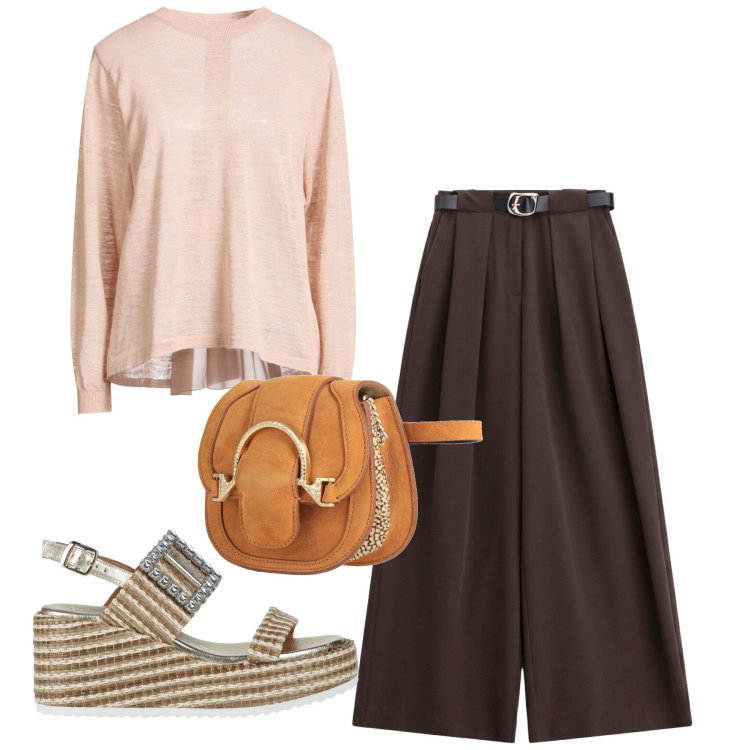 Outfit donna - Pesca. Stile Bon Ton per Tutti i giorni. Abbinamento con marsupi, sandali in pelle, pullovers, pantaloni a palazzo.