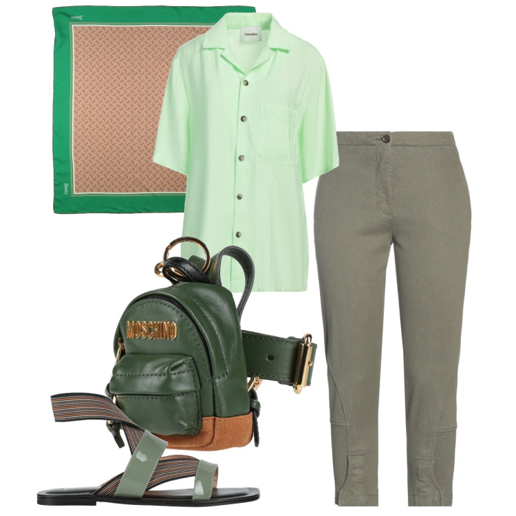 Outfit donna - Verdino. Stile Bon Ton per Tutti i giorni. Abbinamento con marsupi, jeans slim fit, sciarpe, camicie a manica corta, sandali in pelle.
