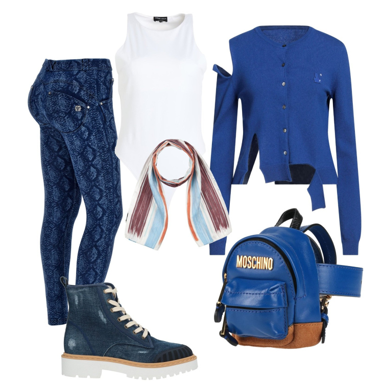 Outfit donna - Total look #2456928. Stile Casual per Tutti i giorni. Abbinamento con cardigans, stivaletti, body, marsupi, sciarpe, jeans skinny.