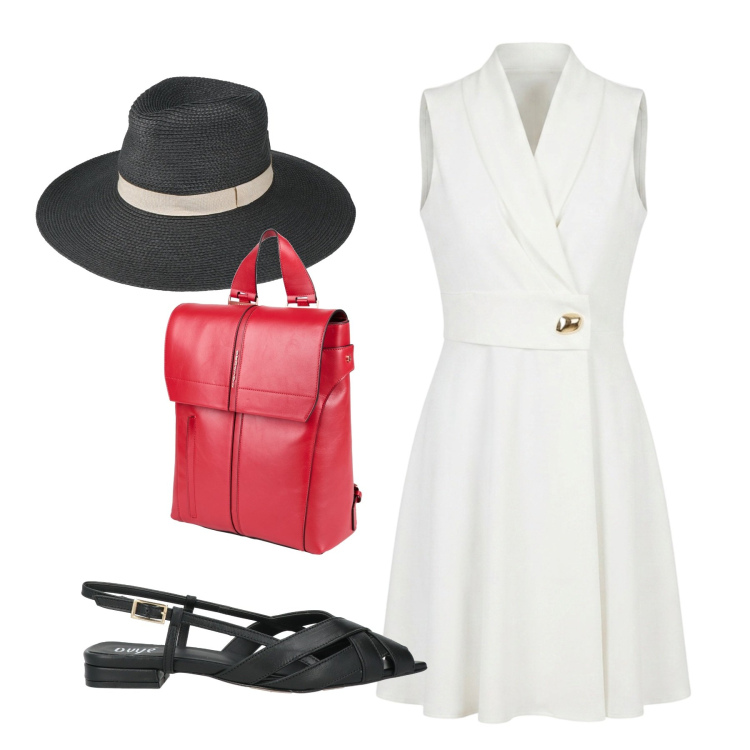 Outfit donna - Rietro in ufficio. Stile Bon Ton per Ufficio. Abbinamento con zaini, cappelli, sandali in pelle, vestiti asimmetrici.