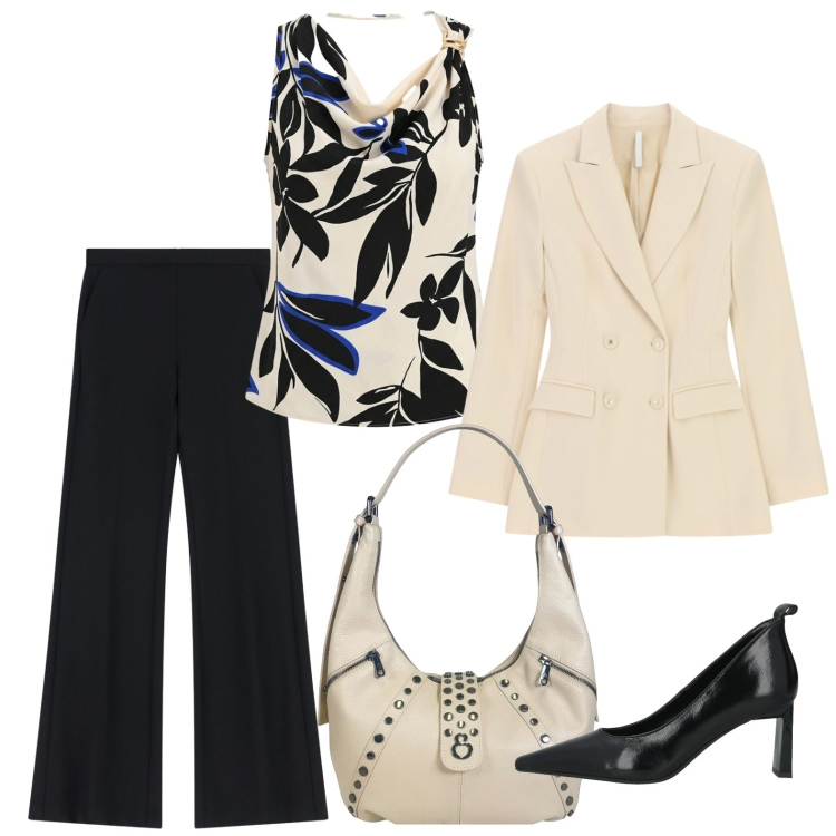Outfit donna - Pranzo di lavoro. Stile Urban per Ufficio. Abbinamento con décolleté, blazer, pantaloni, canottiere, borse a spalla.